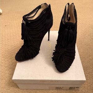 Jimmy Choo Myra Ruched Tassel Black Suede Women's Heel Booties